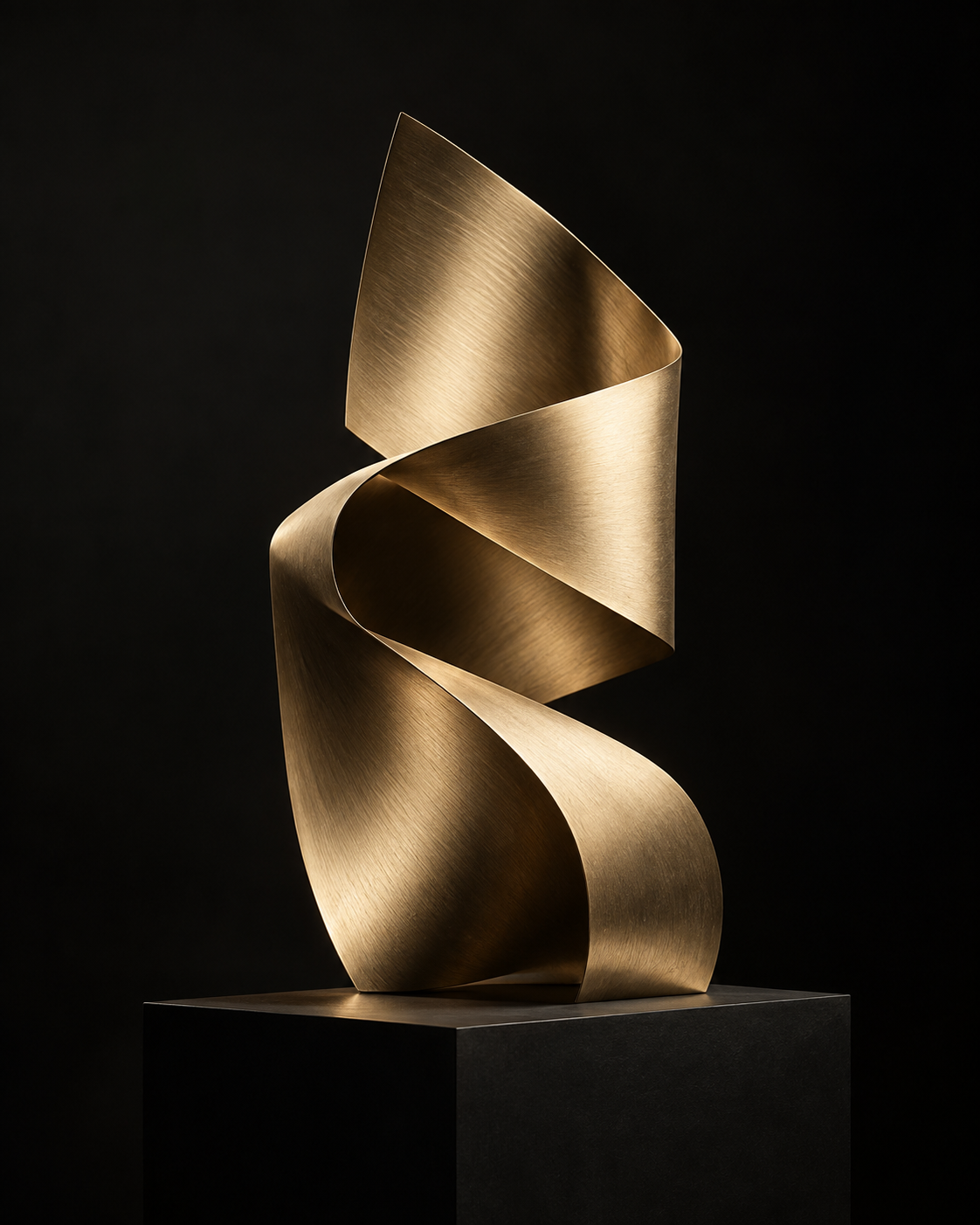 An original folded champagne-gold sculpture on a black plinth